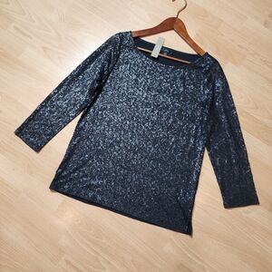 NWT J. Crew Black Sequin 3/4 Sleeve Boatneck Top Stretchy Size Medium AE984